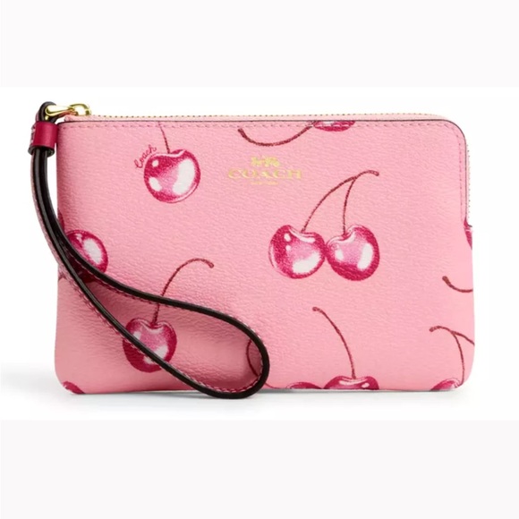 Coach Handbags - NWOT Coach Corner Zip Wristlet w/ Cherry Print, Pink/Gold